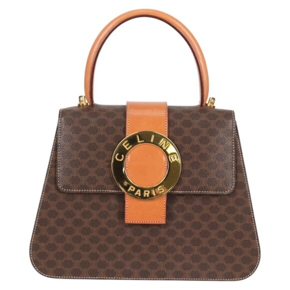 CELINE Circle Macadam Canvas Hand Bag PVC Leather 2way Brown Gold Auth 122270AV - Picture 3 of 15
